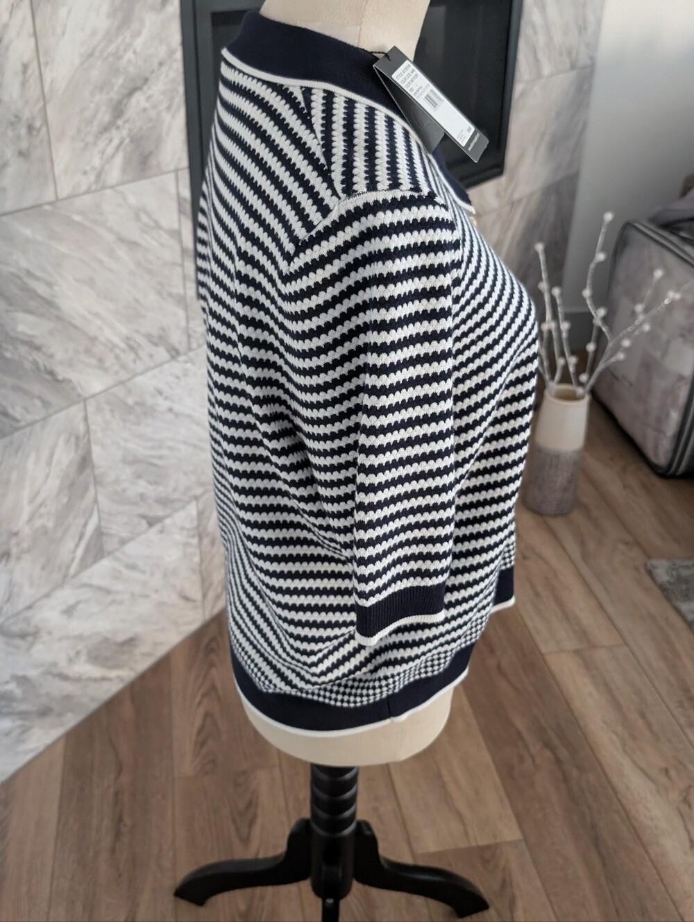 Adrianna Papell Navy and Ivory Striped Short Sleeve Cardigan - Picture 9 of 11